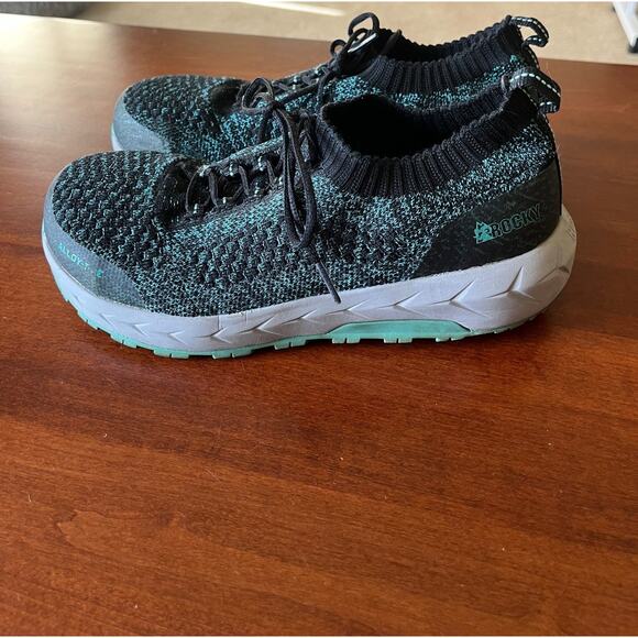 Women's Rocky WorkKnit LX Alloy Toe Athletic Work Shoe Grey/Teal Knit Size 7.5 - Picture 2 of 8